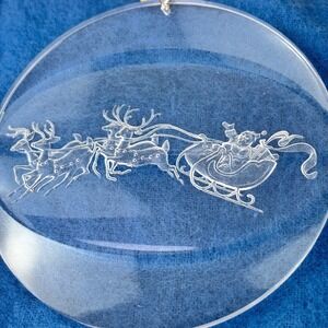 VTG 70s Amsun Clear Acrylic Reindeer Sleigh Etched Hanging Ornament 3.25 in